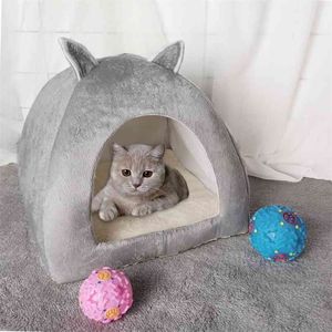 Drop faltbare 2-in-1-Katzenbett Indoor Kätzchen Zelt Haus warm für kleine Haustier Hund Nest Kitty Höhle schlafen gemütliche Plüschmatten 210722