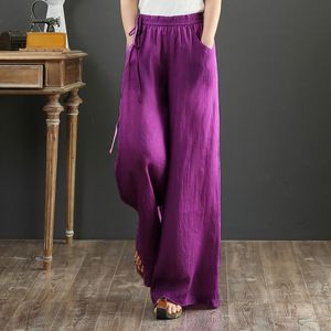 Baumwolle Leinen Breite Bein Hosen Frauen Casual Lange Hosen Neue Vintage Stil Einfarbig Lose Bequeme Weibliche Hose P1378 210412