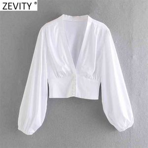 Women V Neck Black White Color Short Smock Blouse Female Lantern Sleeve Slim Court Shirts Chic Pearl Buttons Tops LS9268 210416