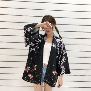 Blusas Femima Japanische Kimono-Strickjacke, Sommer-Goldfisch- und Blumenmuster-Druck, lockere Sonnenschutzbluse, Damen-Casual-Tops, Damenblusen