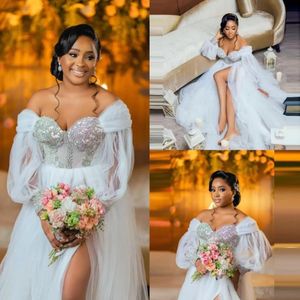 Puffy Long Sleeve Wedding Dresses african Beads Lace Applique Bridal Gowns Off the Shoulder Robe Side Split See Through Photoshoot Robes