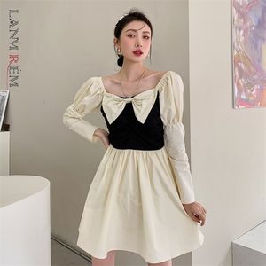 Women Square Neck Bow Matching Long Sleeve Dress Loose Fit Lady Fashion Summer Arrivals 2H131 210526