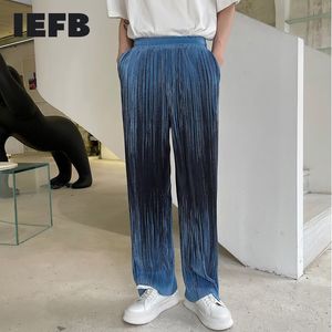IEFB Summer Wrinkle Fabric Gradient Pattern Elastic Waist Men's Casual Pants Loose Straight Wide Leg Trousers 9Y7066 210524