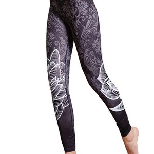 High Elasticity Fitness Leggings Women Lotus Print Slim Push Up Breathable Waist Gym Workout Black 210604