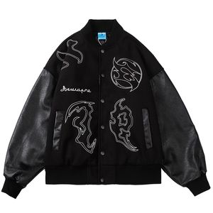Hip Hop Baseball Jacket Coat Men Broder Broderi Streetwear Leather Sleeve Patchwork Varsity College Mode Vintage 211110