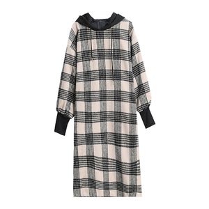 Vintage Tweed Woollen Plaid Black White Hooded Knee Length Dress Autumn Winter Elegant Puff Sleeve D1428 210514