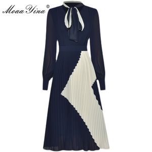 ファッションデザイナーのドレス春夏の女性のドレス弓襟長袖プリーツシフォンエレガントなドレス210524