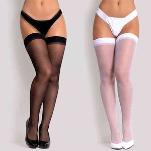 Women Rib Top High Knee High Socks Cuff Sexy Transparent Silk Stocking Ladies Thigh High Socks Black White Stockings Medias Y1119