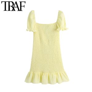 Traf Women Chic Fashion Smocked Elastic Ruffled Mini Dress Vintage Puff Sleeve z podszewką sukienki żeńskie Vestidos 210415