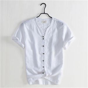 Verão V-Neck Casual Homens Camisa de Linho Simples Retro Branco De Mangas De Curto Da Juventude Magro Slim Algodão 210420