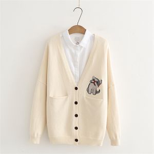 H.SA Women Black Beige Embroidery Dogs Tops V neck Button Up Pink Spring wear Korean Style Knit Cardigans Poncho 210417