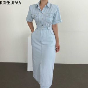 Korejpaa Women Dress Summer Korean Chic Ladies Retro Temperament Lapel Single-Breasted Multi-Pocket Split Denim Vestidos 210526