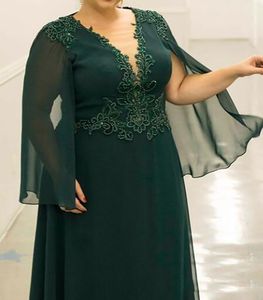 Plus Size Mother of the Bride Dress Dark Green Long Sleeve Beading Chiffon Floor Length Wedding Party Guest Formal Evening Gowns239i
