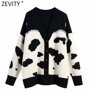 Kobiety Vintage V Neck Wzór Zwierząt Crochet Cardigans Dziewiarski Sweter Kobiet Chic Długi Rękaw KONTRAST COLOR TOPS S703 210416