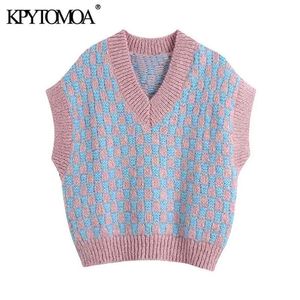 Kvinnor Mode med Ribbed Trim Loose Stickad Vest Sweater V Nacke Ärmlös Kvinna Waistcoat Chic Toppar 210420