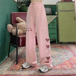 HOUZHOU Harajuku Pink Pants Streetwear Women Oversize High Waist Wide Leg Trousers Embroidery Aesthetic Loose Korean Fashion 211124