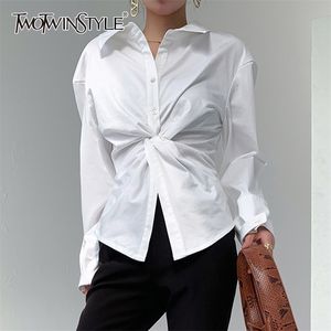Biała Koszula Twist Dla Kobiet Lapel Z Długim Rękawem Minimalistyczny Koreański Bluzka Kobieta Moda Odzieżowa Wiosna Stylowa 210524