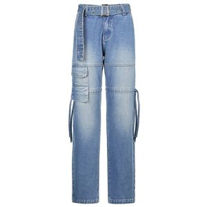 JMPRS Y2K Blue Jeans Retro Sashes Denim Byxor Ruched Drawstring Cargo Kvinna Stora Fickor Byxor Ladies Streetwear Jean 210809