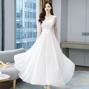 Beyaz Örgü Maxi Elbise toptan satış-İlkbahar Yaz Rahat Şifon Maxi Elbise Artı Boyutu Beyaz Seksi Mesh Uzun Kadın Parti Bodycon Nakış Vintage Vestido Elbiseler