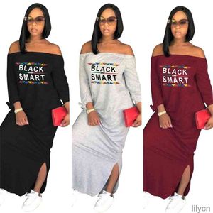 Plus Size Casual Vestido Mulheres Frio Ombro Carta Impresso Pacote Hip Sexy Slash Neck Manga Longa Split Maxi Vestidos