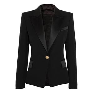 ハイストリートESTデザイナーブレザージャケットのジャケット女性のサテンカラーシングルボタンスリムフィッティングクラシック210521