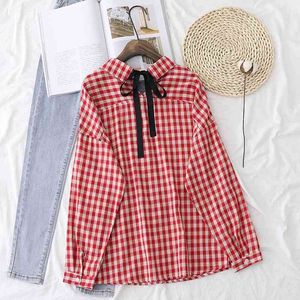 H.SA Plaid For Women Casual Loose Red Blouses Clothing Lapel Long Sleeve Button Shirt Lace-Up ladies Coat Tops 210417