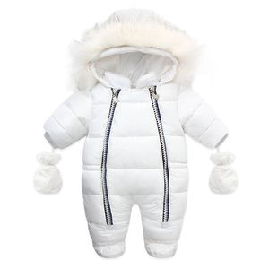 -30Winter Children's Jumpsuit Thick Hooded Fur Collar Baby Girls Romper Boys Warm Outfit Overalls Snowsuit TZ810 220106