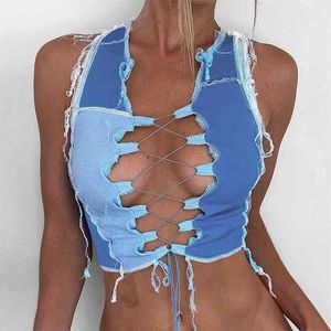 Sexig Bandage Cut Out Hole Crop Tops Kvinnor Camisole Sommar Chic Punk Style Ribbed Knitting Tank Top Club Wear Mujer 210607