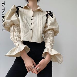 SHENGPALA Puff Sleeve Long Crop Top Damen Frühling Bluse Hollow Out Button Up Designer Shirt Herbst Kleidung Mode 210427
