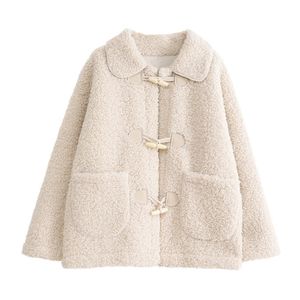 Women White Green Faux Fur Jacket Coat Turn Down Collar Pocket Outwear Horn Button Warm Thick Ted Lamb Solid C0252 210514