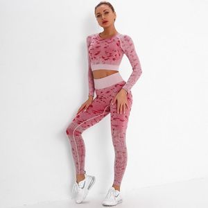 Yoga Outfit Women Set Leopard Seamless Two Pieces Long Sleeve Crop Top Tshirt Booty Workout Gym Leggings Pants Tights Sport Suit