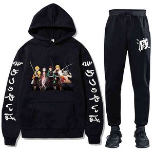 Anime Demon Slayer Hoodie Tracksuits Hoodies och byxor Två bitar Set Höst Vinter Sweatshirt Solid Färg Pullover Suits H1227