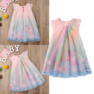 Emmababy Neueste Mode Kleinkind Baby Mädchen Kleidung Regenbogen Pferd Prinz Multi Farbe Kleid Prinzessin Tüll Ärmellose Sommerkleid Q0716