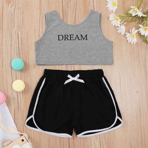 Summer Children Sets Sleeveless Letter Gray Tops Bow Patchwork Black Shorts Cute 2Pcs Girls Boys Clothes Set 1-8T 210629