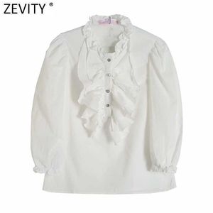 Zevity Women Sweet Cascading Ruffle Diamond Button White Linen Smock Blouse Female Lantern Sleeve Shirts Chic Blusas Tops LS9295 210603