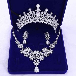 Womens Classic Bridal Jewelry Three-piece Wedding Headdress Crown Necklace Pin Clip Set Earrings