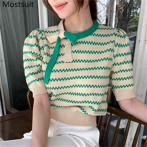 Sommer Gestreifte Bowtie Gestrickte Pullover Strickwaren Frauen Kurzarm Oansatz Tuniken Pullover Koreanische Vintage Elegante Jumper Tops 210513