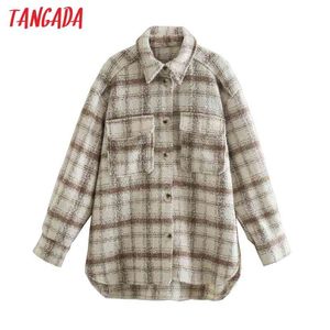 Kvinnor pojkvän stil plaid tjocka lagerjacka lösa långa ärmar ficka damer elegant kappa qj56 210416