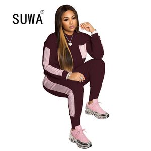 Partihandel Kvinnor Sequin Patchwork Långärmade Toppar Jogger Byxor Suit Active Wear TrackSuit Two Piece Matching Set Fitness Outfits 210525