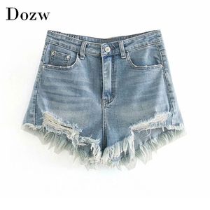 Women Summer Ripped Shorts Jeans High Waist Streetwear Mom Casual Zipper Fly Denim Short With Tassel Pockets 210515