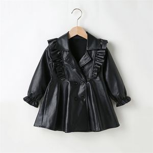 Criança Crianças Bebê Meninas Primavera Outono Geral Preto Faux Leather Ruffles Manga Longa Inglaterra Estilo Princesa Vestido Ey08171 211231