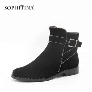 Sophitinaの女性が快適な低いヒールの足首のブーツ黒の子供スエード金属の装飾の靴の質質手作りブーツPL1 210513