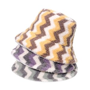 Dubbel Varm Bucket Hattar Våg Stripe Print Vinter Utomhus Gorros Panama Lamb Faux Fur Fluffy Y Fisherman Caps Mens Hip Hop