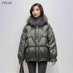 Winter Fuchs Pelz Kragen Revers Kurze Jacke Frauen 90% Weiße Ente Unten Lose Mantel Unregelmäßige Dicke Parkes Warme Schnee Outwear 210430