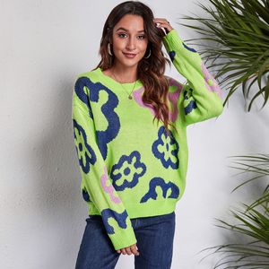 Europäische und amerikanische neue Damen-Strick-T-Shirts mit grüner Blume, passender Langarm-Strickpullover, lockere Herbst-Winter-Kleidung