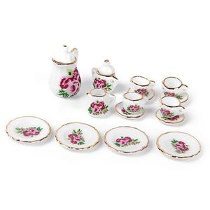 Befordran! 15 stycken Porslin Tea Set Dollhouse Miniatyr Mat Kinesiska Rose Rätter Kopp Planterare Potter