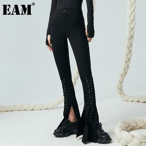 [EAM] High Waist Black Slit Bandage Wide Leg Long Trousers Loose Fit Pants Women Fashion Spring Autumn 1DD6218 21512
