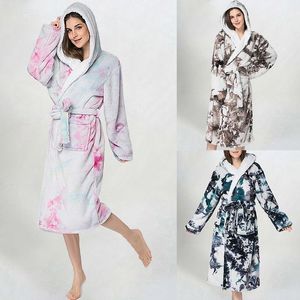 Women's Sleepwear Home Clothes Bathrobes Tie Dye Night Gown Hoodie Robe Winter Warm Pajamas For Woman&Man 2021 And Autumn