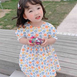Sommarflickor Klänning Koreansk stil Lace Cuff Edges Sweet Flower Floral Princess Baby Barn Barnkläder för Tjej 210625