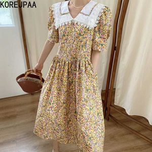 Korejpaa Women Dress Summer Korean Chic Female Age-Reducing Navy Collar Lace Stitching Pleated Puff Sleeve Floral Vestidos 210526